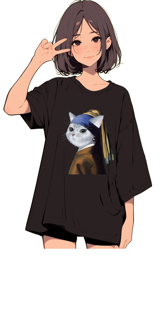 戴珍珠耳環的貓女|純棉圓領印花T恤