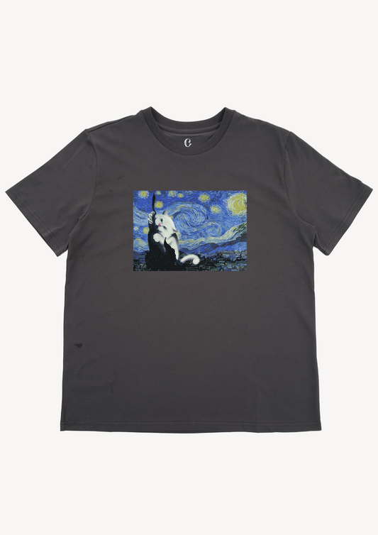 星空裡的喵思|純棉圓領印花T恤