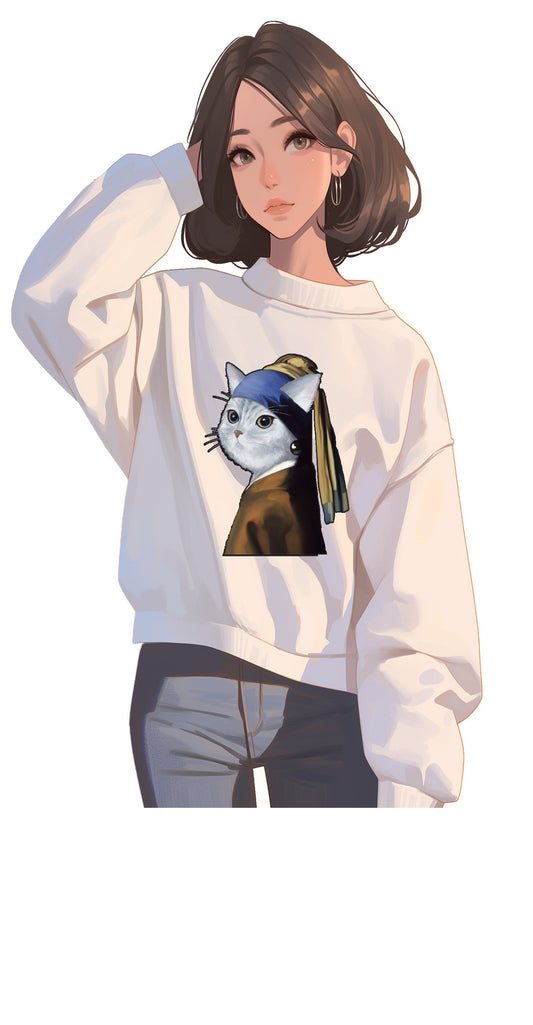 Cat-girl with a pearl earring | Cotton graphic printed crewneck sweatshirt
